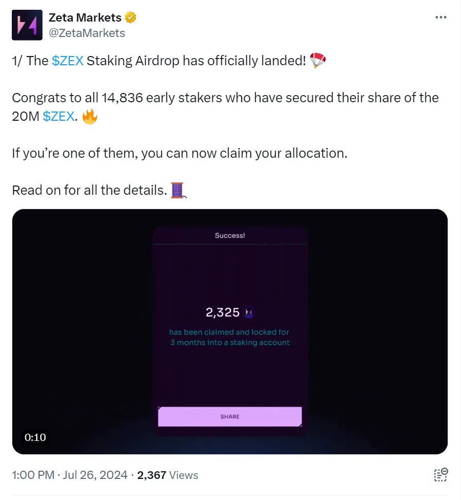 Zeta Markets は ZEX ステーキングエアドロップを実施し、2000 万枚のトークンが早期ステーキング者に配布されます。