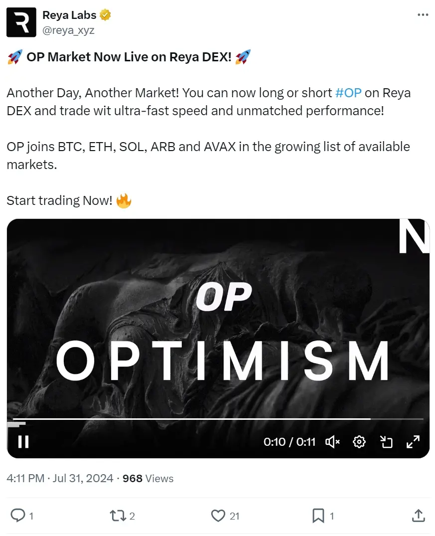 Reya DEX が OP 市場のサポートを追加しました