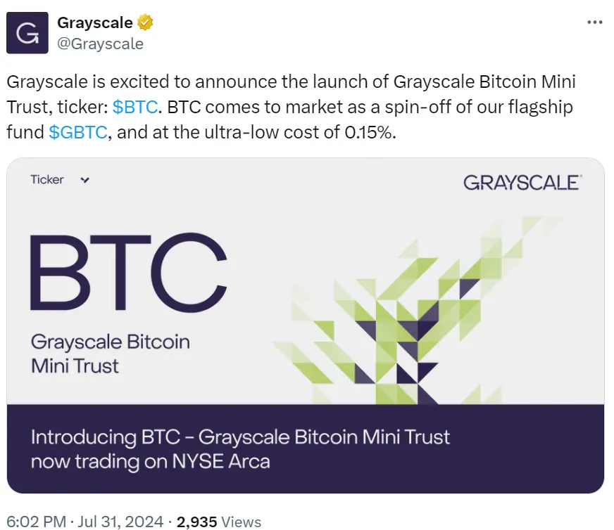 グレースケールビットコインミニ信託が上場取引される