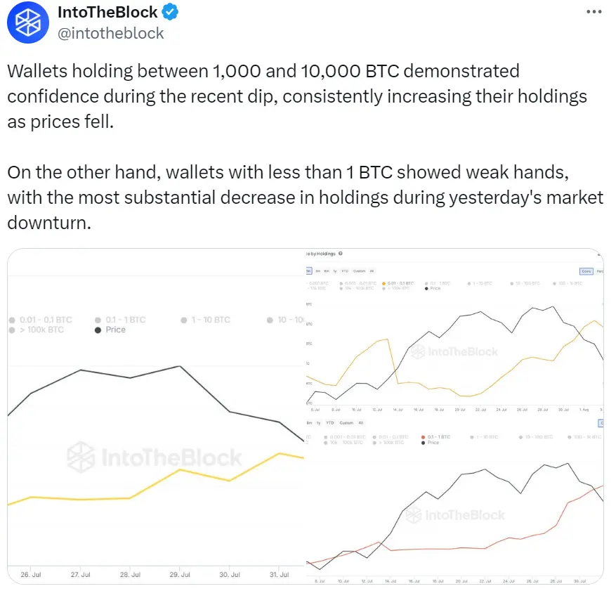 데이터: 1천에서 1만 개의 BTC를 보유한 지갑이 하락 중에도 지속적으로 매수하고 있다
