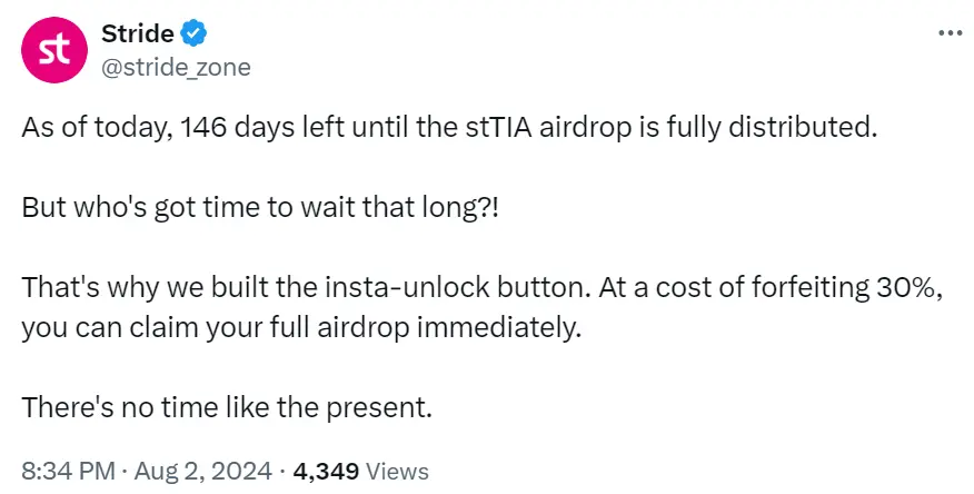 Stride：用户可选择付出 30% 损失，立即领取全额 STRD 空投