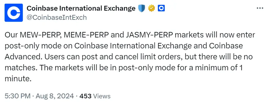 Coinbase 国际站将上线 MEW、MEME 和 JASMY 永续合约