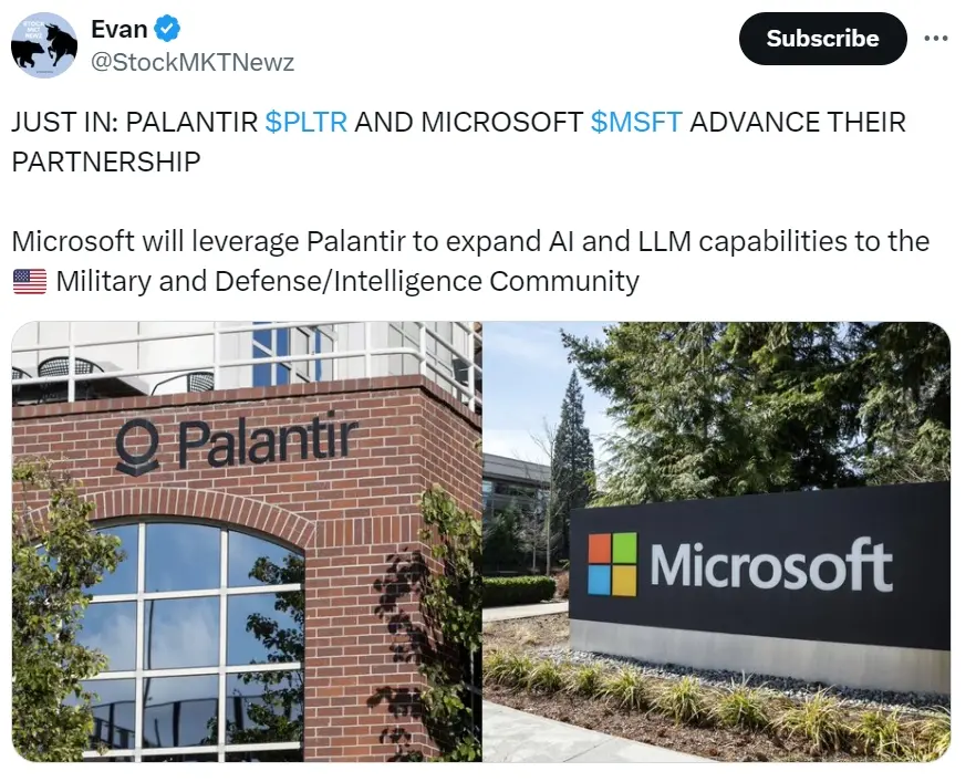 微软与 Palantir 达成合作以扩展 AI 与大语言模型能力