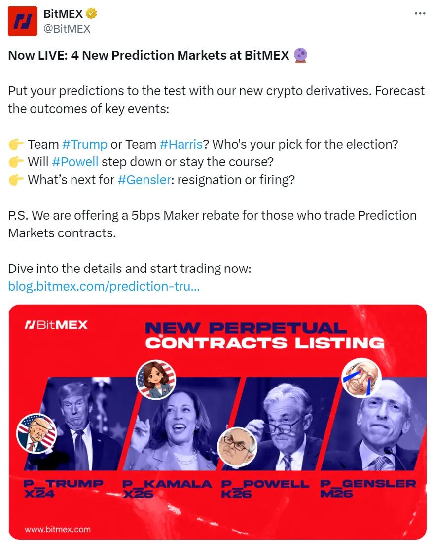 Bitmex 예측 시장에 새로운 정치 카테고리가 추가되었으며, 4개의 정치 예측이 새로 추가되었습니다