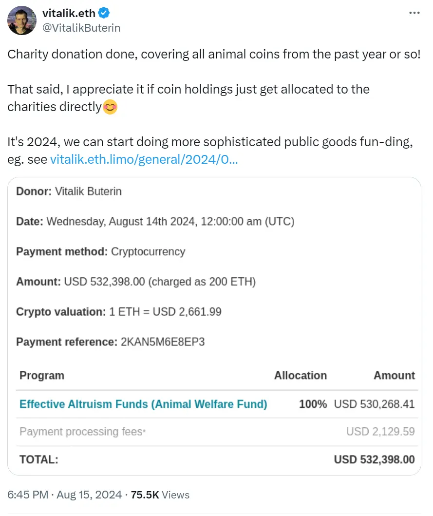 Vitalik: All "animal coins" received in the past year have been donated to charity