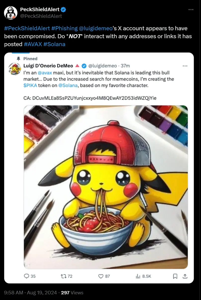 Ava Labs 首席運營官 X 賬戶疑似被盜，請勿與之互動。