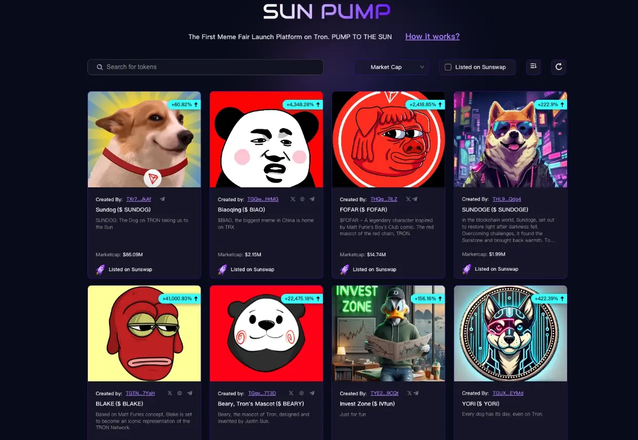 SunPumpプラットフォームの複数のMemeトークンの時価総額が100万ドルを突破しました。