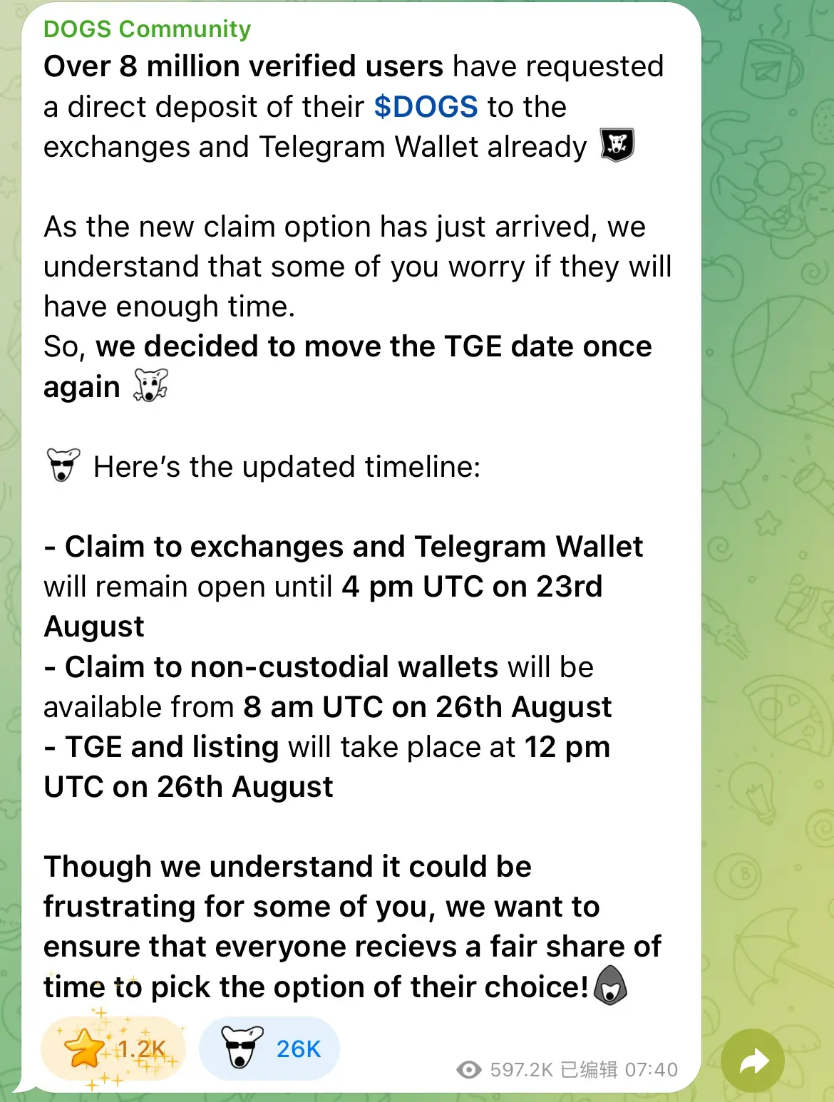 MemeプロジェクトDOGSは、エアドロップの申請期限を再度延長することを発表しました。