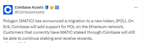 Coinbase 今晨宣布將支持 MATIC 代幣轉換為 POL