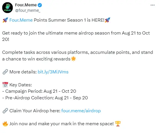 BNB 체인 생태계 meme 발행 플랫폼 Four.Meme에서 포인트 활동을 출시하여 meme 코인 FOUR와 WHY로 교환할 수 있습니다