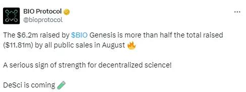 去中心化生物科技协议 BIO Protocol は 622 万ドルの資金調達を完了しました。