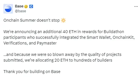 Base: Buildathon 참가자에게 40개의 ETH 추가 보상을 제공합니다
