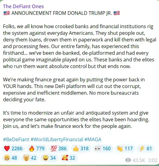 트럼프 장남: 암호화 프로젝트 “The DeFiant Ones”가 금융을 다시 위대하게 만들 것이다