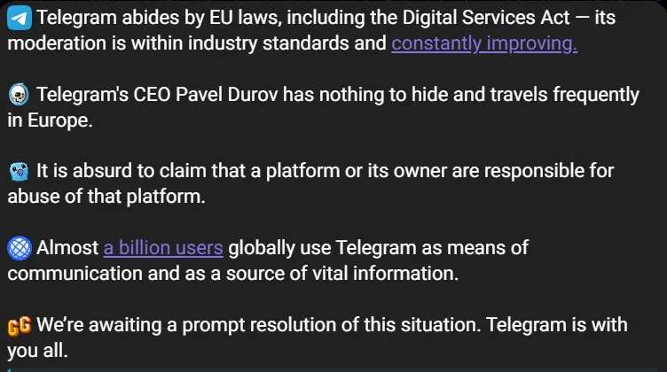 Telegram 发布关于创始人 Pavel Durov 被逮捕的官方声明