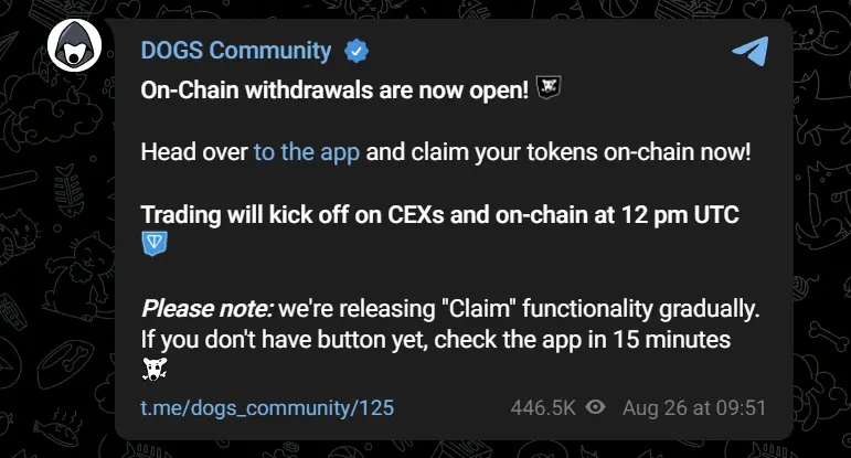 DOGS：チェーン上での引き出しがオープンしました。CEXとチェーン上の取引は、北京時間の午後8時から開始されます。
