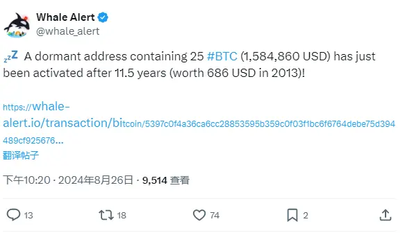 一包含 25 枚比特币的沉睡地址在 11.5 年后被激活