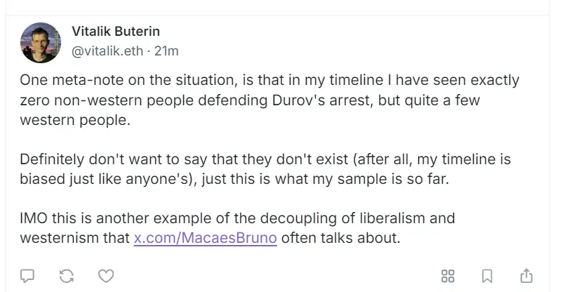 Vitalik: Currently, most defenders of the Telegram CEO are Westerners