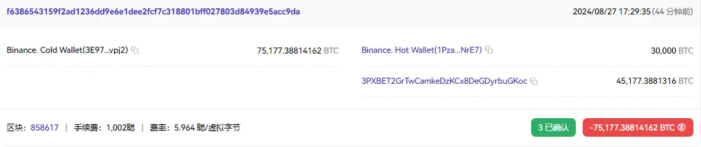 数据：币安 BTC 冷钱包疑似进行内部调整，共转移超 7.5 万枚 BTC