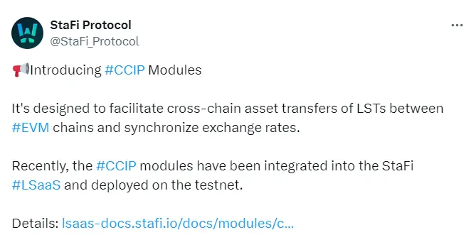 StaFi Protocol 引入 CCIP 模組，促進跨鏈資產轉移並同步匯率