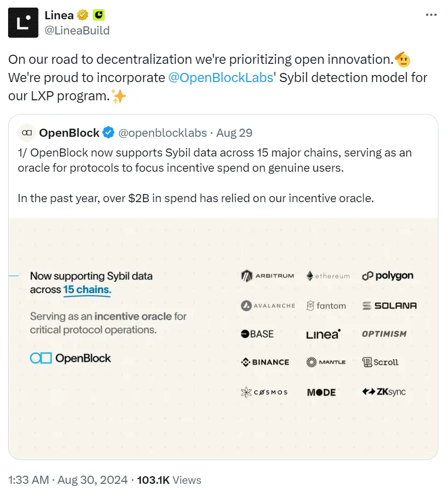 Linea：已将 OpenBlock 的女巫检测模型纳入 LXP 计划