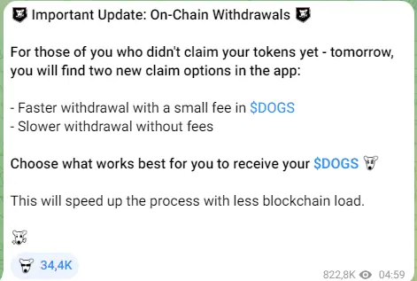 DOGS 将新增两种代币申领选项，以减少网络负载并加快流程