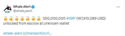 数据：10 亿枚 XRP 从未知钱包托管中解锁，价值约 5.6 亿美元