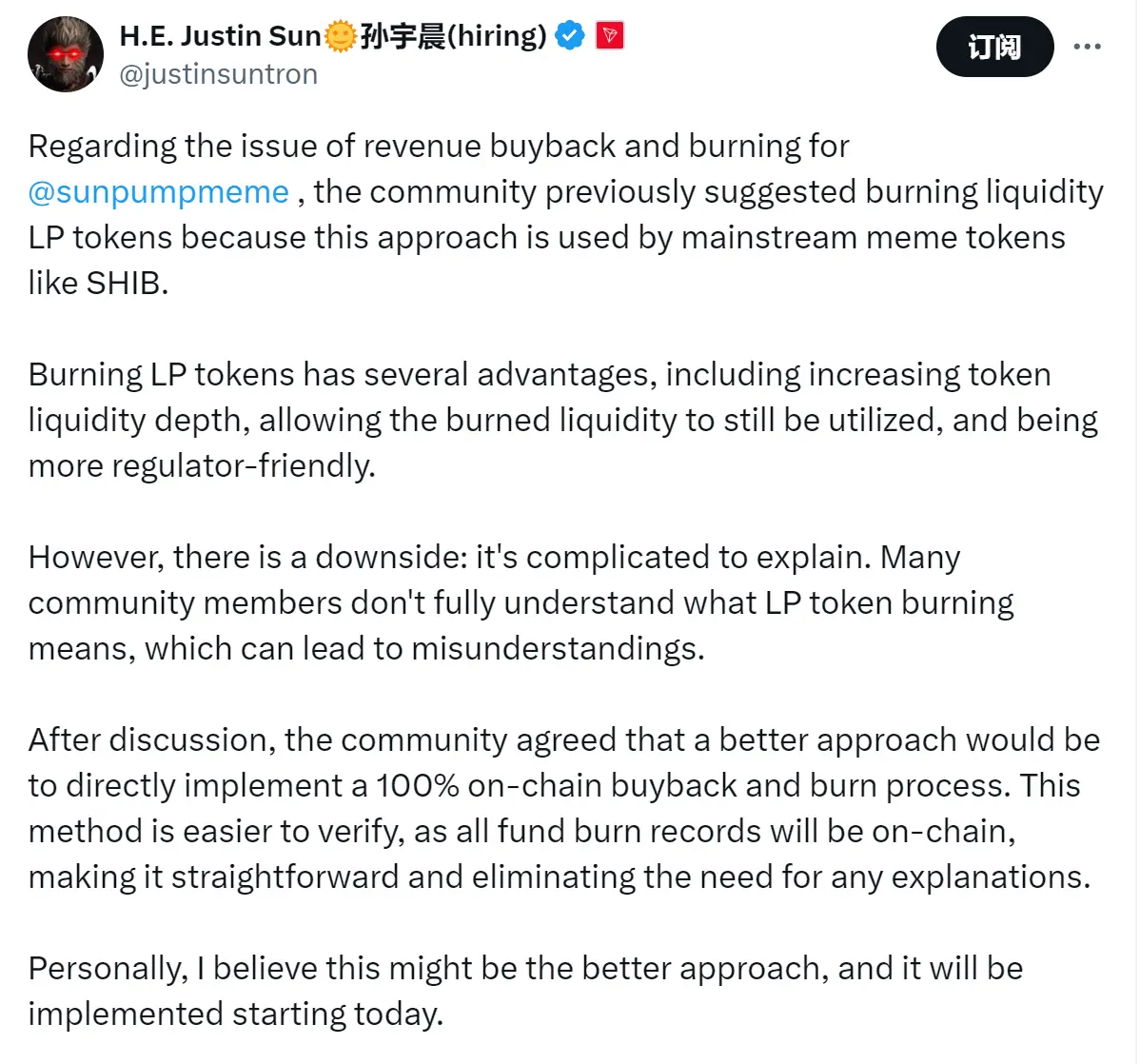 손위천: SunPump 수익 환급 커뮤니티는 100% 온체인 매입 및 소각 프로세스를 시행할 것입니다