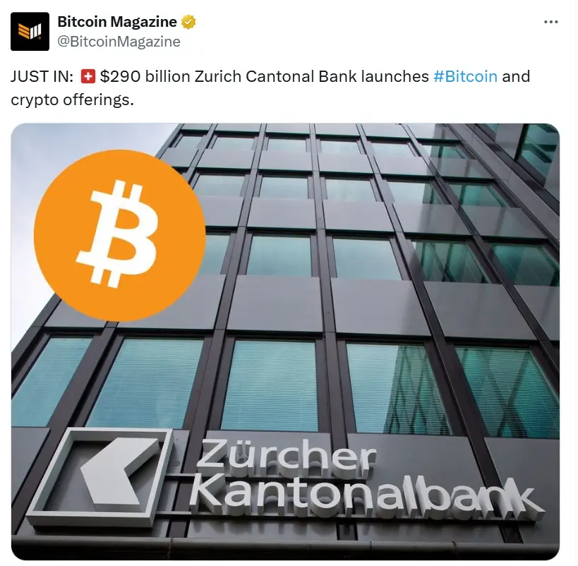 자산 규모가 2900억 달러에 달하는 취리히 주립은행이 비트코인 및 암호화폐 제품을 출시했습니다