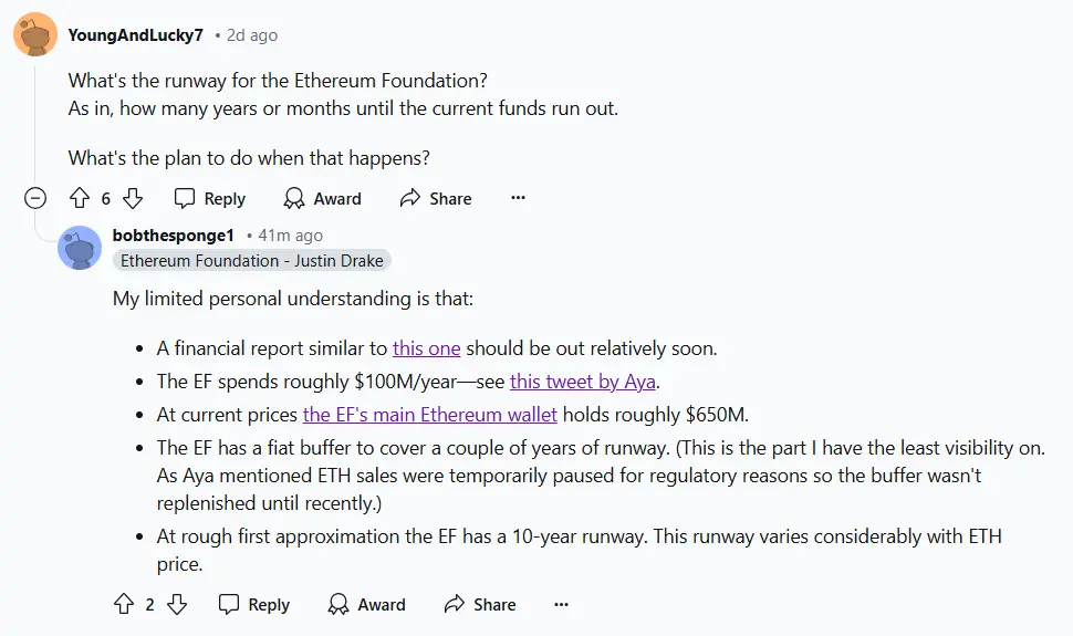 イーサリアム財団のジャスティン・ドレイク：財団の財務報告が近日中に発表される予定で、財団には約10年分の資金があると見込まれています。