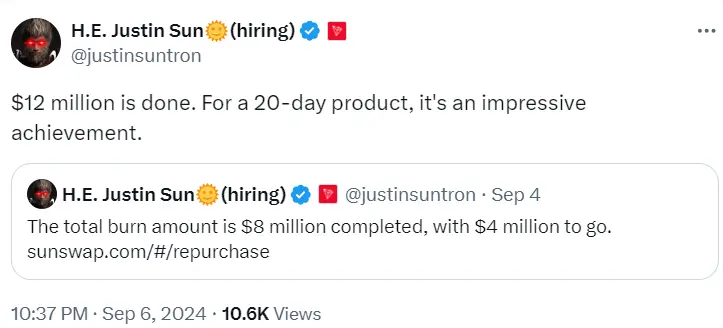 孙宇晨：已销毁 1200 万美元的 SUN 代币