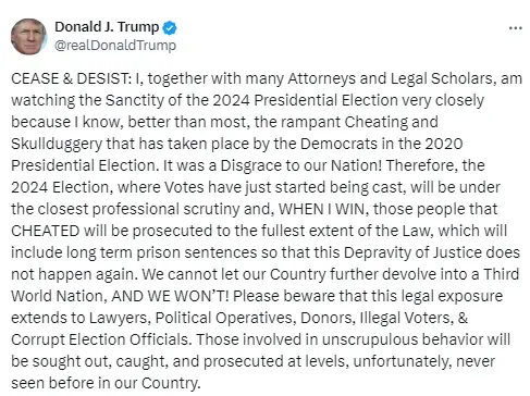 트럼프: 2024년 대선 공정성을 면밀히 주시할 것이며, 부정행위자는 전면 기소될 것이다
