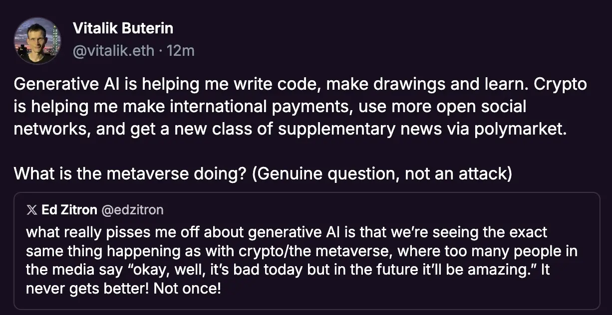 Vitalik：与 AI 和加密应用相比，元宇宙的潜在应用领域尚未被发现