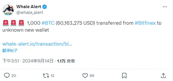 データ：1000 枚の BTC が Bitfinex から新しいウォレットに移動しました