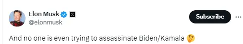 马斯克：没有人试图暗杀拜登或哈里斯