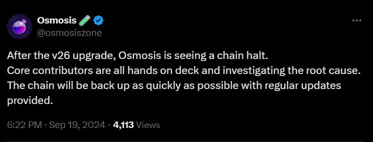 Osmosis 在 v26 升级出现链中断情况，团队正调查根本原因