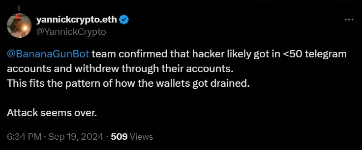 社區成員：Banana Gun 團隊證實黑客可能攻擊近 50 個 TG 賬戶並提款，攻擊似乎已結束