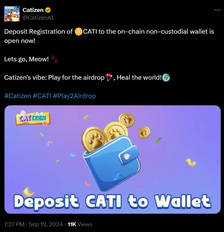 Catizen 已开放将 CATI 代币存至链上非托管钱包