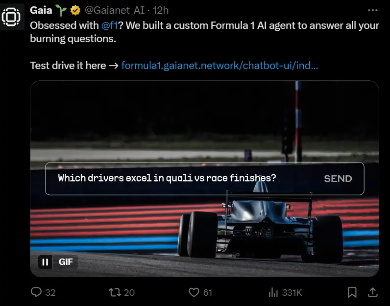 GaiaはカスタムF1レーシングカーAIエージェントを発表しました。