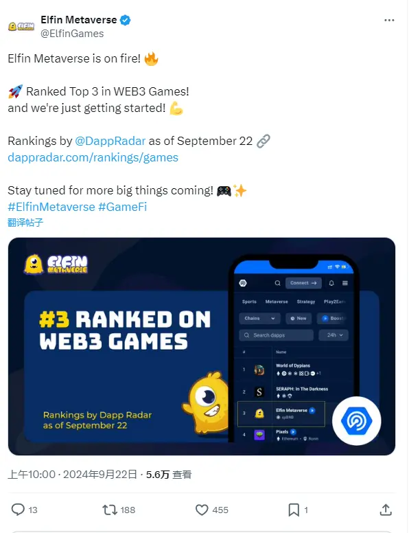 Elfin Metaverse 在 DappRadar WEB3 游戏排名中位列第三