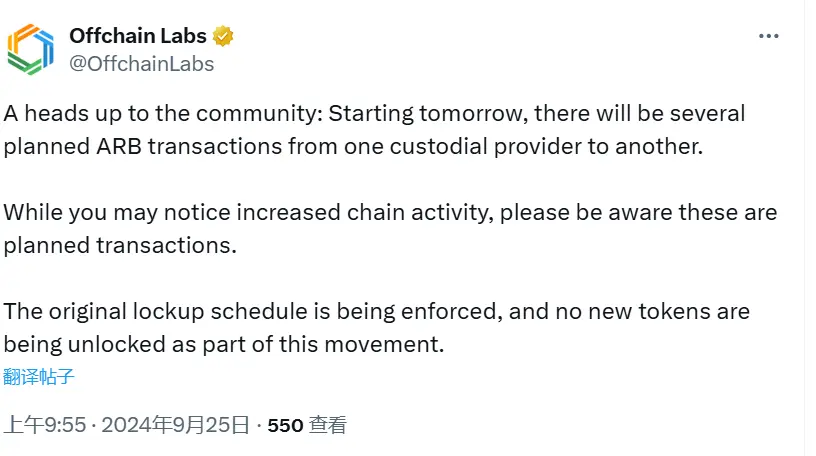 Arbitrum 开发商 Offchain Labs：明日起将进行多笔计划中的 ARB 交易，涉及不同托管提供商