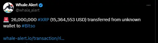 數據：2600 萬枚 XRP 從未知錢包轉移至 Bitso，價值超 1500 萬美元