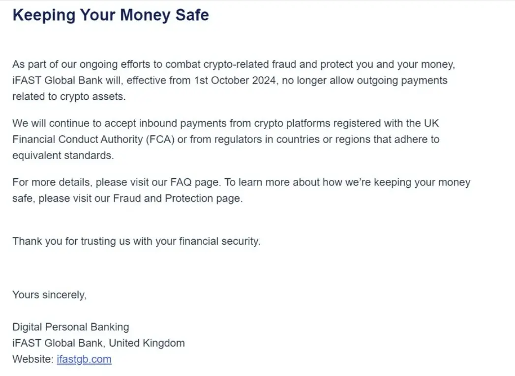 iFAST 글로벌 뱅크는 10월 1일부터 암호화폐 관련 결제를 중단합니다