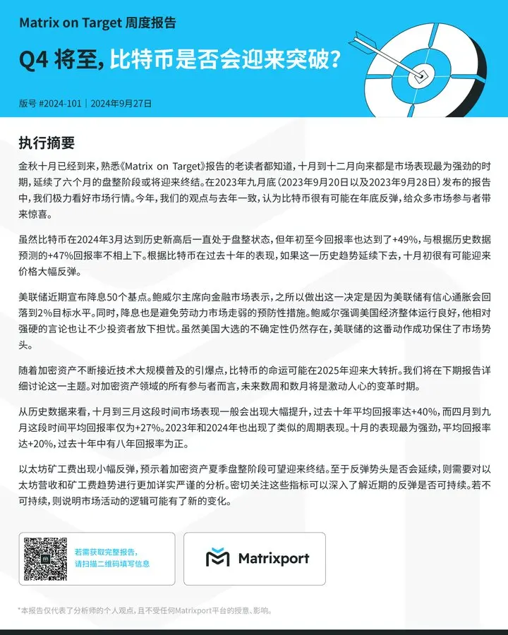 Matrixport：ビットコインは10月初めに大幅な価格反発が期待される