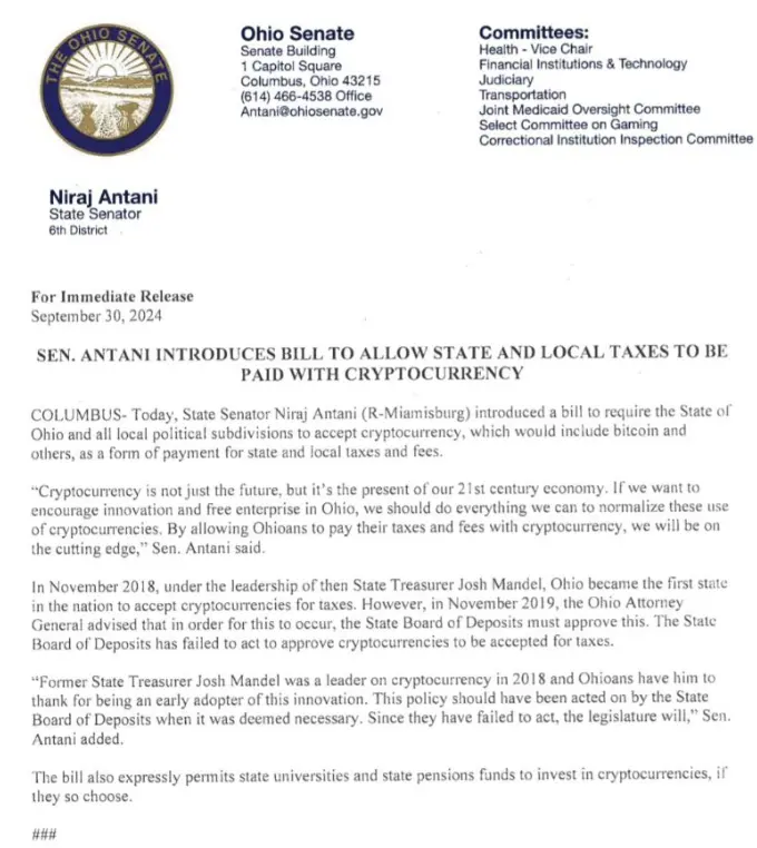 俄亥俄州参议员提出法案，提议该州接受比特币纳税