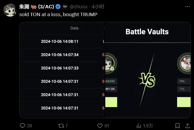 Zhu Su：손실을 보고 TON을 매도하고 TRUMP를 매수했습니다