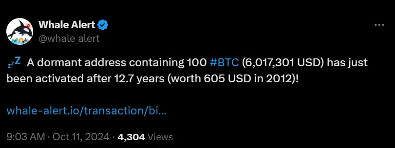 データ：100枚のBTCを保有するあるアドレスが12.7年の眠りから復活し、浮利が600万ドルを超えた。