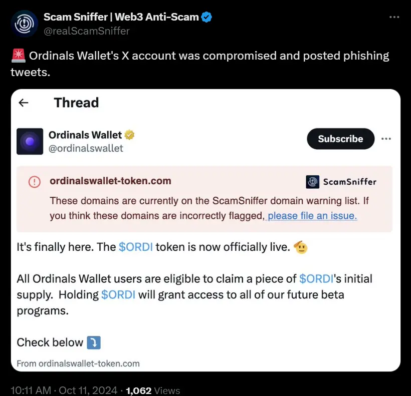 The X account of Ordinals Wallet was attacked and a phishing link was posted, which has now been deleted