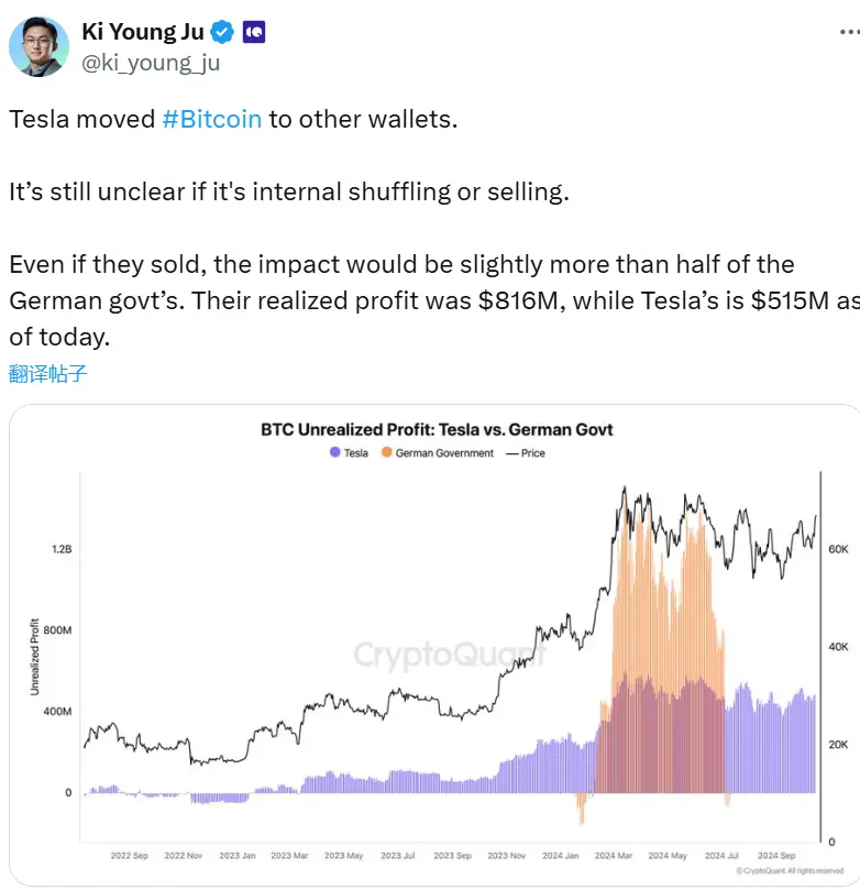 CryptoQuant CEO：若特斯拉出售比特幣，影響將略高於德國政府的一半