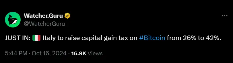 市場消息：意大利計劃將比特幣的資本利得稅從 26% 上調至 42%