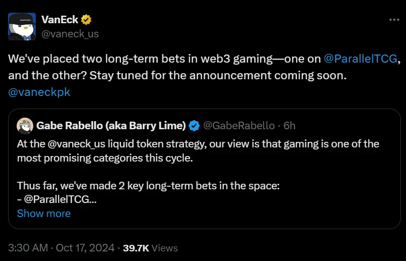 VanEck：已在 Web3 游戏赛道进行两笔长线投资，一笔投向 Parallel